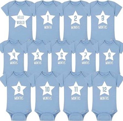 Picture of Baby Monthly Milestone Onesie 13 Custom Bodysuits Shower Decorations, Blue Onesie Birthday Gift for Parents with Newborn Boy