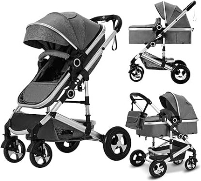 Picture of Kinder King 2 in 1 Convertible Baby Stroller, Folding High Landscape Infant Carriage, Newborn Reversible Bassinet Pram, Adjustable Canopy, Diaper Bag, Anti-Shock Toddler Pushchair Dark Grey