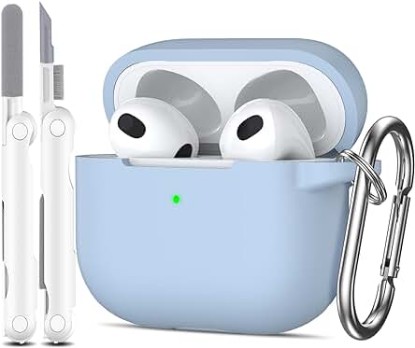 Picture of AirPods 3rd Generation Case Cover 2021, Military Grade Anti-Fall Soft Silicone Shock-Absorbing Protective AirPods 3 Case Skin with Keychain and Cleaning kit, Front LED Visible, Sky Blue