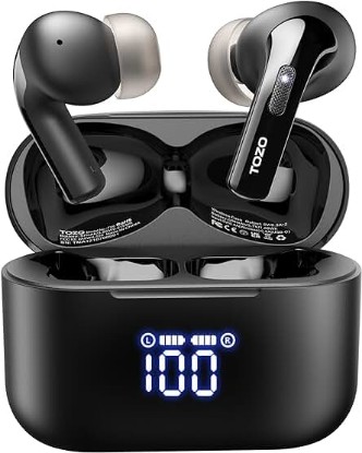 Picture of TOZO T20 Wireless Earbuds Bluetooth Headphones 48.5 Hrs Playtime, IPX8 Waterproof, Dual Mic Call Noise Cancelling with Wireless Charging Case Black