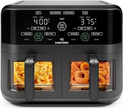 Picture of CHEFMAN 6 Quart Dual Basket Air Fryer Oven with Easy View Windows, Sync Finish, Hi-Fry, Auto Shutoff, 2 Independent 3Qt Nonstick Dishwasher Safe Frying Baskets, Digital Double Air Fryer - Black