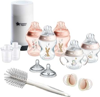 Picture of Tommee Tippee Natural Start Ready for Baby Bottle Set, 5oz and 9oz Anti-Colic Bottles, Slow and Medium Flow Nipples, 0-6 Month Pacifiers, Self-Sterilizing, Pink