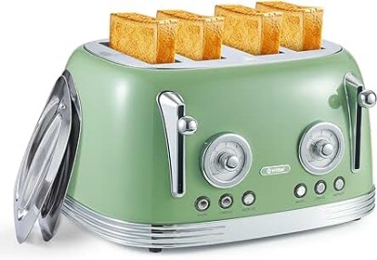 Picture of Toaster 4 Slice, Retro Green Toaster, Bagel Toaster, With Stainless Steel Lid. Reheat, Defrost and Cancel Functions, Countdown Function, 6 Browning Levels, Stainless Steel Material, TR03