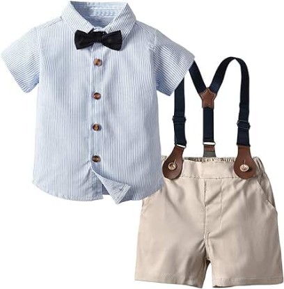 Picture of SANGTREE Baby Boys Gentleman Suit Clothes, Dress Shirt with Bowtie + Suspender Shorts