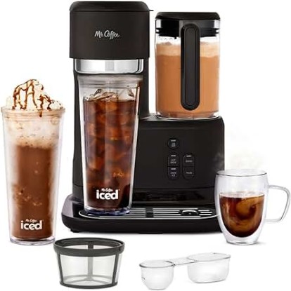 Picture of Mr. Coffee 3-in-1 Single-Serve Iced and Hot Coffee/Tea Maker with Blender with Reusable Filter, Scoop, Recipe Book, 2 Tumblers, Lids and Straws, Black