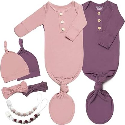 Picture of 2PK Silky Soft Newborn Knotted Gown, Snuggly Infant Sleeper for Baby Girls, Sleepwear Set with Mittens, Bowknot, Clip and Hat