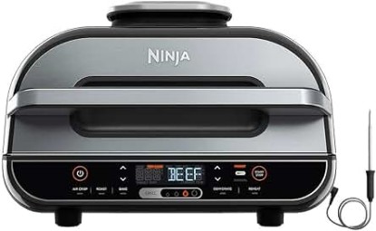 Picture of Ninja FG551/BG550 Foodi Smart XL 6-in-1 Indoor Grill with 4-Quart Air Fryer Roast Bake Dehydrate Broil and Leave-in Thermometer, with Extra Large Capacity, and a stainless steel Finish (Renewed),