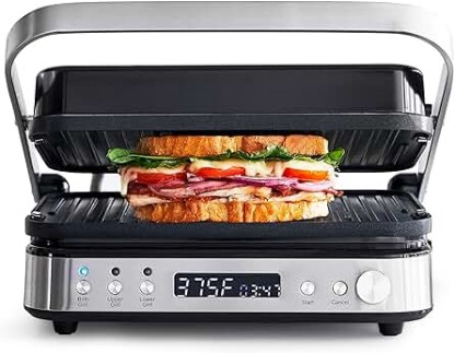 Picture of GreenPan Electric Indoor Stainless Steel 6-in-1 Contact Grill and Griddle, Healthy Ceramic Nonstick, Dishwasher Safe Reversible Plates, PFAS-Free, Sandwich Panini Press, Gourmet, Dual Temperature