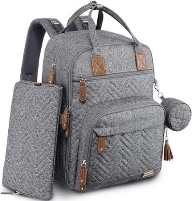 Picture of iniuniu Diaper Bag Backpack, 4 in 1 kit Large Unisex Baby Bags for Boys Girls, Waterproof Travel Back Pack with Diaper Pouch, Washable Changing Pad, Pacifier Case and Stroller Straps, Gray