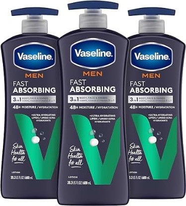 Picture of Vaseline Men's Healing Moisture Hand &amp; Body Lotion For Dry or Cracked Skin Fast Absorbing Non-Greasy Lotion for Men 20.3 oz, Pack of 3