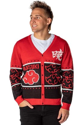 Picture of Bioworld Naruto Shippuden Men's Akatsuki Red Cloud Ugly Christmas Sweater Button-Up Knit Cardigan