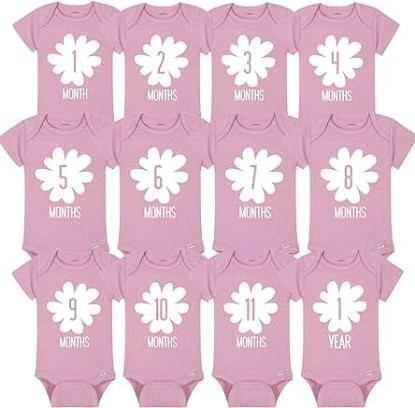 Picture of Baby Monthly Milestone Onesies 12 Custom Bodysuits Shower Decorations Pink Onesie Birthday Gift for Parents with Newborn Girl,0-3 Months, 3-6 Months, 6-9 Months, 9-12 Months