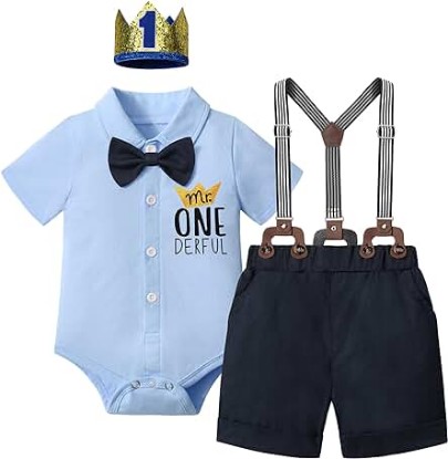 Picture of DONWEN Baby Boy First Birthday Outfit Mr Onederful Bowtie Romper + Suspender Shorts+ Party Hat Cake Smash Outfits