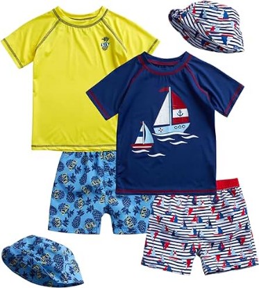 Picture of Baby Boys' Rash Guard Set - 6 Piece Short Sleeve Swim Shirt, Board Shorts, and Bucket Hat (12M-4T)