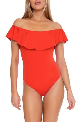 Picture of Trina Turk Women's Standard Monaco Ruffled One Piece Bandeau Swimsuit-Off Shoulder, Bathing Suits