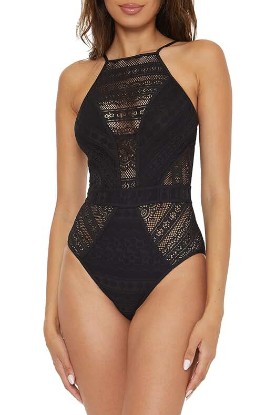 Picture of BECCA by Rebecca Virtue Women's Standard Color Play Crochet One Piece Swimsuit, High Neck, Bathing Suits, Black