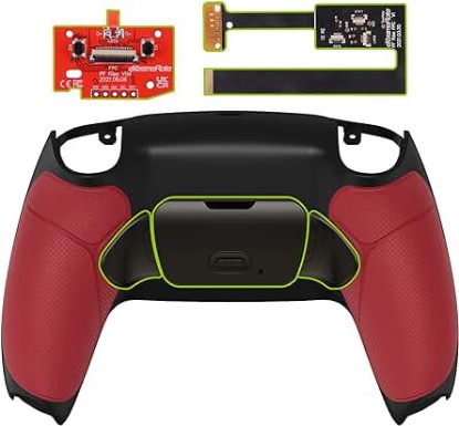 Picture of eXtremeRate Red Real Metal Buttons (RMB) Version RISE Remap Kit for PS5 Controller BDM-010 020 with Black Rubberized Grip Back Shell, Upgraded Programable Back Buttons Attachment for PS5 Controller