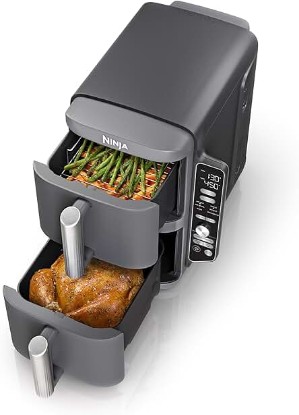 Picture of Ninja SL401 DoubleStack XL 2-Basket Air Fryer, DoubleStack Technology Cooks 4 Foods at Once, Compact Design, 10 QT, 6-in-1, Smart Finish & Match Cook, Air Fry, Broil, Bake, Easy Meals, Easy Clean,Grey