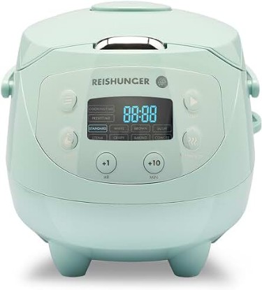 Picture of Reishunger Digital Mini Rice Cooker & Steamer, Mint with Keep-Warm Function & Timer - 3.5 Cups - Small Rice Cooker Japanese Style with Ceramic Inner Pot - 8 Programs - 1-3 People