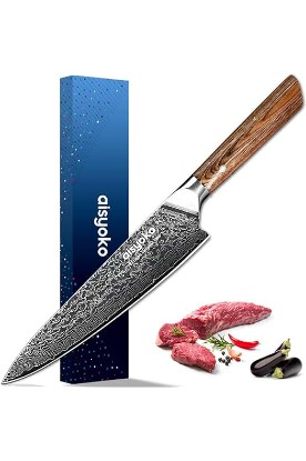 Picture of Damascus chef knife 8-inch sharp kitchen knife Japan VG-10 stainless steel ergonomic color wooden handle luxury gift box - with scabbard