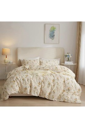 Picture of EAVD Yellow Floral Duvet Cover Queen Cotton Reversible Garden Floral Bedding Sets Full Aesthetic 1 Botanical Duvet Cover with 2 Pillowcases Chic Aesthetic Flower Bedding Sets for Girls Women