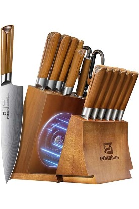 Picture of Kitchen Knife Sets With Block, Piklohas 15 Pieces Knife Sets With Magnetic Detachable Knife Holder, High Carbon Steel Damascus Pattern Chef Knife Set With Steak Knives, Ideal For House Warming Gift