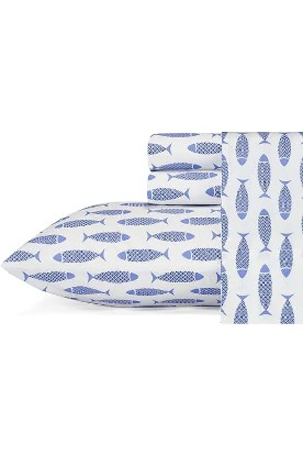 Picture of Nautica Full Size Sheet Sets, Cotton Percale Bedding, Coastal Home Decor (Woodblock Fish Blue, Full)