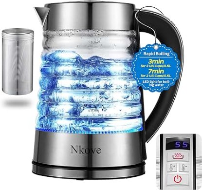 Picture of Electric Glass Tea Kettle, 1.8L Temperature Control Water Boiler, Cordless with LED Light, 60 oz, Silver