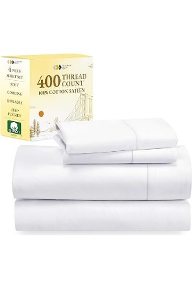 Picture of California Design Den King Size Sheets Set, Good Housekeeping Award Winner, 400 Thread Count 100% Cotton Sateen Deep Pocket King Sheet Set, 4-Pc King Sheets, Softer than Egyptian Cotton Sheets (White)