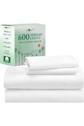 Picture of California Design Den King Sheets Cotton, Luxury 600 Thread Count 100% Sateen, 4-Pc Bed Sheets Set, Extra Deep Pocket King Sheets, Hotel-Quality Sheets, Better Luxury vs Egyptian Cotton Sheets, White