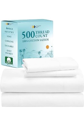 Picture of California Design Den 500 Thread Count 100% Cotton Sheets, 4 Piece Queen Size Sheet Set, Cooling Deep Pocket Bed Sheets with Fitted Elastic Sheet, Extra Soft Luxury Hotel Quality - White Sheets