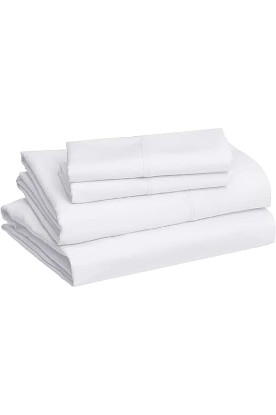 Picture of Amazon Basics Lightweight Soft Microfiber 4-Piece Bed Sheet Set with 14-Inch Deep Pockets, Full, Bright White, Solid - Pack of 4