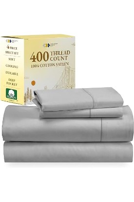 Picture of California Design Den 100% Cotton Sheets - Softest 4-Pc Cooling Sheets for Bed, Deep Pockets, 400 Thread Count Sateen, Bedding Sheets & Pillowcases,Queen Sheets (Light Gray)