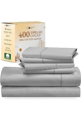 Picture of California Design Den 6-Pc King Size Sheet Set with 4 Pillowcases - Soft 400 Thread Count 100% Cotton Sheets, Cooling Sateen Weave, Luxury Deep Pocket Bedsheets Set - Light Gray