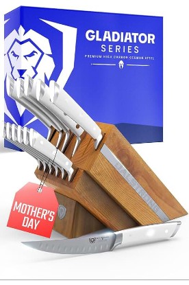 Picture of Dalstrong 12-Piece Knife Block Set - Gladiator Series Elite - White Handles - German HC Steel - Hand-Made Manchurian Ash Wood Block - NSF Certified