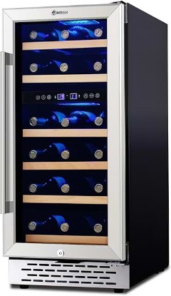 Picture of 28 Bottle Wine Cooler Refrigerator, 15" Seamless Stainless Steel Built-in Freestanding Wine Fridge Double-Layer Tempered Glass Door with Lock, Under Counter Wine Cellar