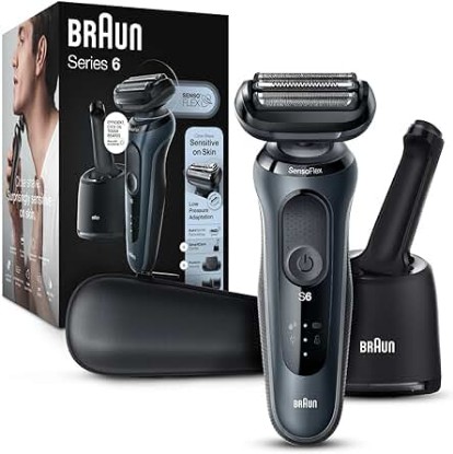 Picture of Braun Electric Shaver for Sensitive Skin, Wet & Dry Shave, Series 6 6075cc, With Beard Trimmer, Clean & Charge SmartCare Center, and Leather Travel Case, Rechargeable, Black