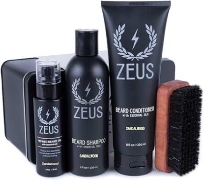 Picture of ZEUS Deluxe Beard Wash & Care Set – With Beard Wash, Refined Beard Oil & Palm Beard Brush (Sandalwood)