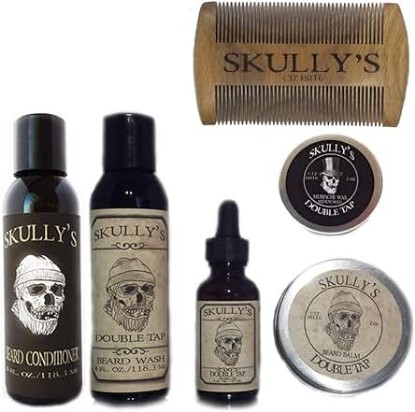 Picture of Skully's Ultimate Double Tap Beard Care Kit (Fresh and Clean Barber Shop Scent) - Beard Oil, Beard Balm, Beard Comb, Beard Conditioner, Mustache Wax for Men