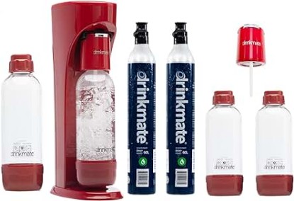 Picture of Drinkmate OmniFizz Sparkling Water and Soda Maker, Carbonates Any Drink, PARTY PACK - Includes two 60L CO2 Cylinders, three Carbonation Bottles, and two Fizz Infusers (Royal Red)