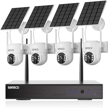 Picture of SANSCO Wire-Free Solar Battery Powered Security Camera System, 10 Channel 2K NVR Recorder with 500GB Hard Drive, (4) 4MP Outdoor WiFi Pan Tilt Zoom Camera with Solar Panel, 2 Way Audio, Night Vision