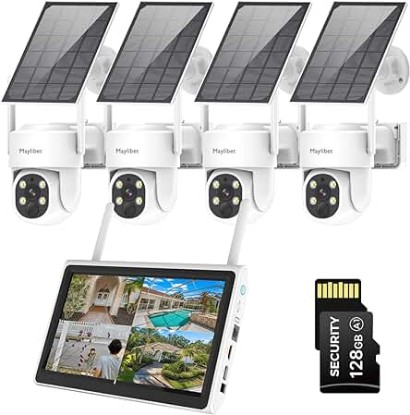 Picture of 10 Channels Expandable Solar Security Cameras Wireless System Outdoor, 4PCS 2K Home PTZ Surveillance Camera with 10" Monitor, 2-Way Audio, Color Night Vision, 2.4G WiFi, IP66, 128G Storage