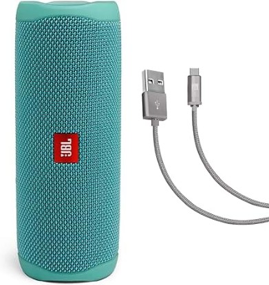 Picture of JBL Flip 5 (Teal) + Bundle with Case Logic Braided USB Type-C Charge & Sync Cable (6 ft, Gray)