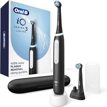 Picture of Oral-B iO Series 3 Limited Rechargeable Electric Powered Toothbrush, Black with 2 Brush Heads and Travel Case - Visible Pressure Sensor to Protect Gums - 3 Modes - 2 Minute Timer