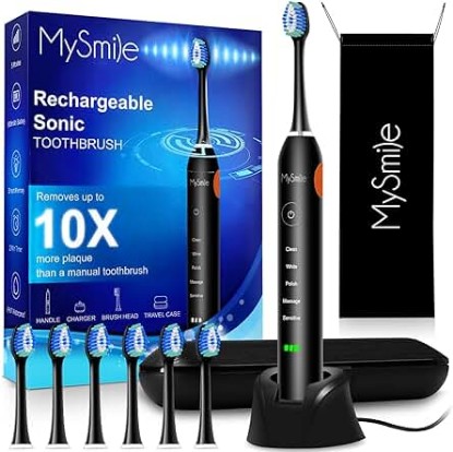 Picture of MySmile Electric Toothbrush for Adults, Rechargeable Sonic Electronic Toothbrush with 6 Brush Heads and Travel Case, 2 Mins 5 Modes Smart Timer, 48000VPM (Black)