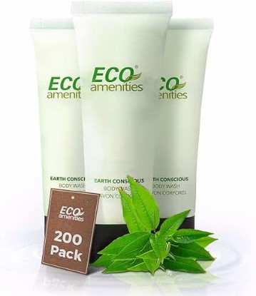 Picture of ECO Amenities Travel Size 1oz Body Wash (BULK 200 Pack) - 30ml Bulk Hotel Body Wash Supplies for Guests - Green Tea Scent Eco body wash for woman, Body wash for men, Biodegradable Container