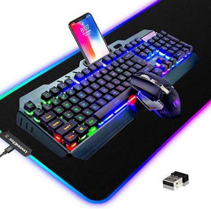 Picture of Wireless Gaming Keyboard and Mouse Combo,3 in 1 Rainbow LED Rechargeable Keyboard Mouse with 3800mAh Battery Metal Panel,10 Colors RGB Gaming Mouse Pad (32.5x12x0.15 inch),7 Colors Mute Gaming Mouse