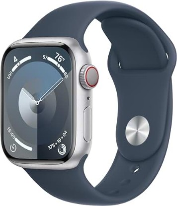 Picture of Apple Watch Series 9 [GPS + Cellular 41mm] Smartwatch with Silver Aluminum Case with Storm Blue Sport Band S/M. Fitness Tracker, Blood Oxygen & ECG Apps, Always-On Retina Display (Renewed)