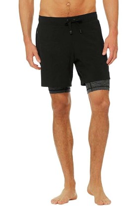 Picture of Alo Yoga mens Unity 2 in 1 Yoga Shorts, Black/Dark Grey Marl, Small US