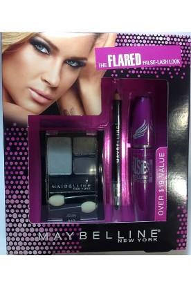 Picture of MAYBELLINE Flared False-lash Look the Falsies Mascara Very Black + Line Express Eyeiner Ebony Black + Expert Wear Quad Eyeshadow Charcoal Smokes.